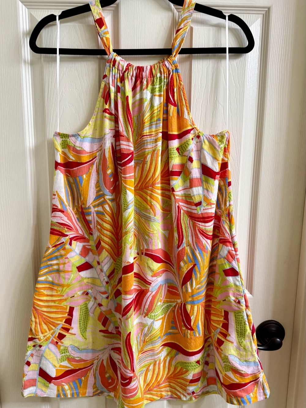 Tropical Linen Blend Multicolored Halter Mini Sundress